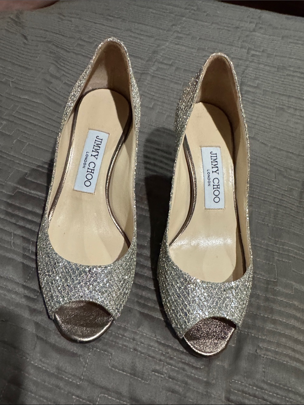 Jimmy Choo Glitter Peep-Toe Heels in Gold and Champagne